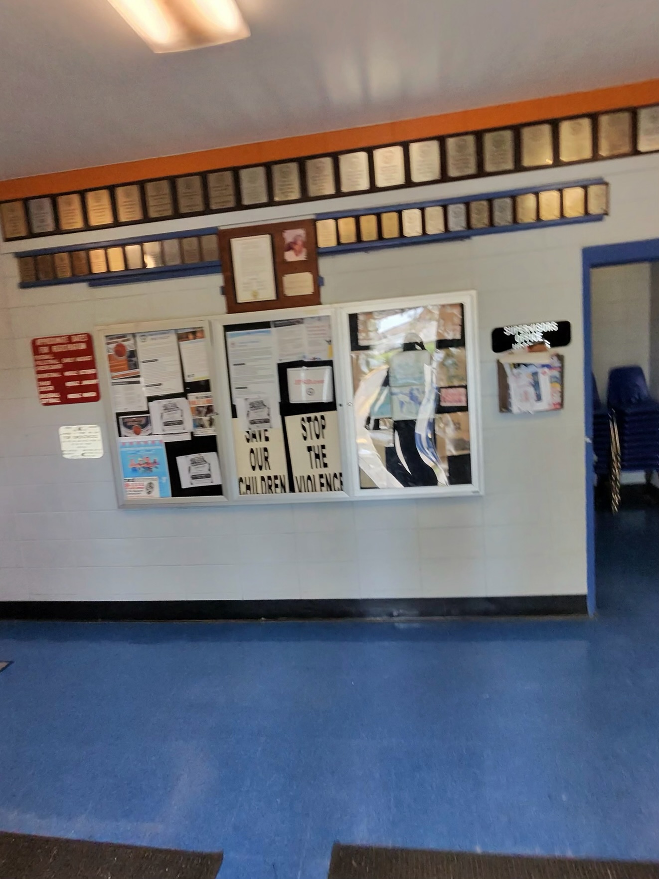 Actual bulletin boards inside the Johnny Jacobs gym lobby